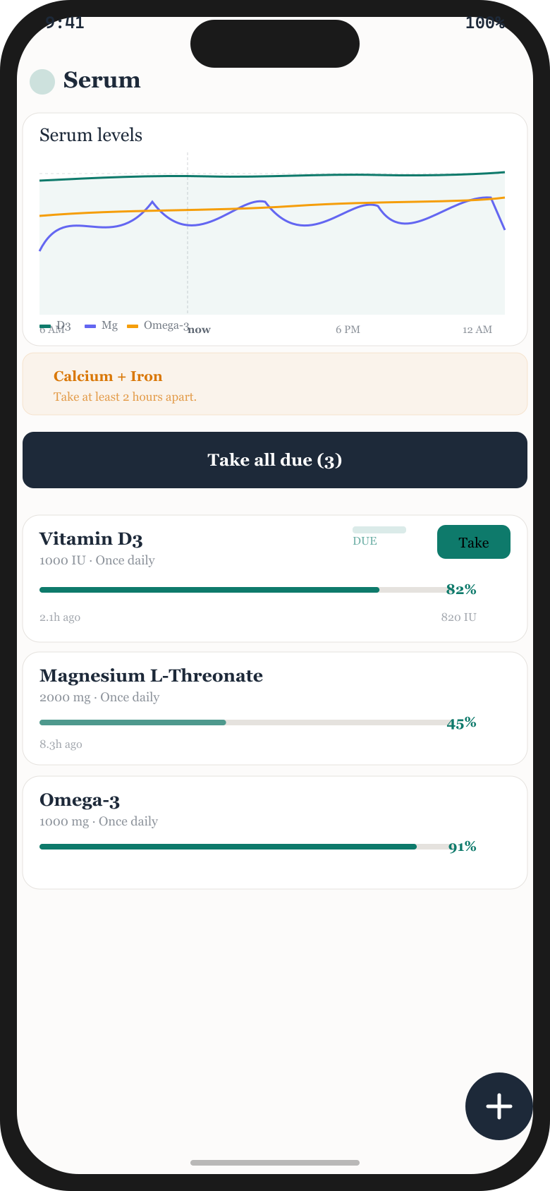 Serum app showing real-time serum level curves for multiple supplements