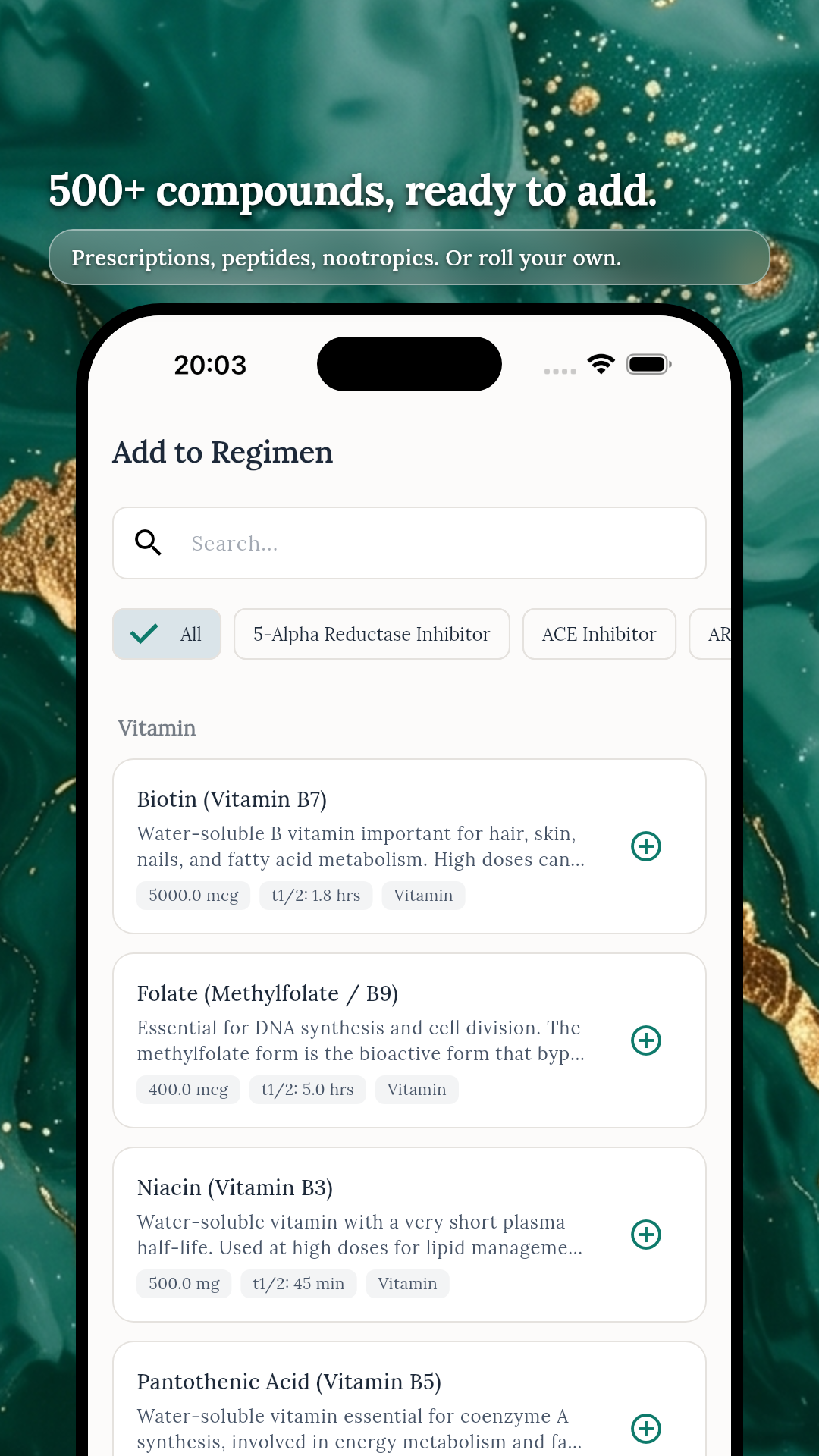Searchable add-supplement screen with category filters and PK metadata per compound